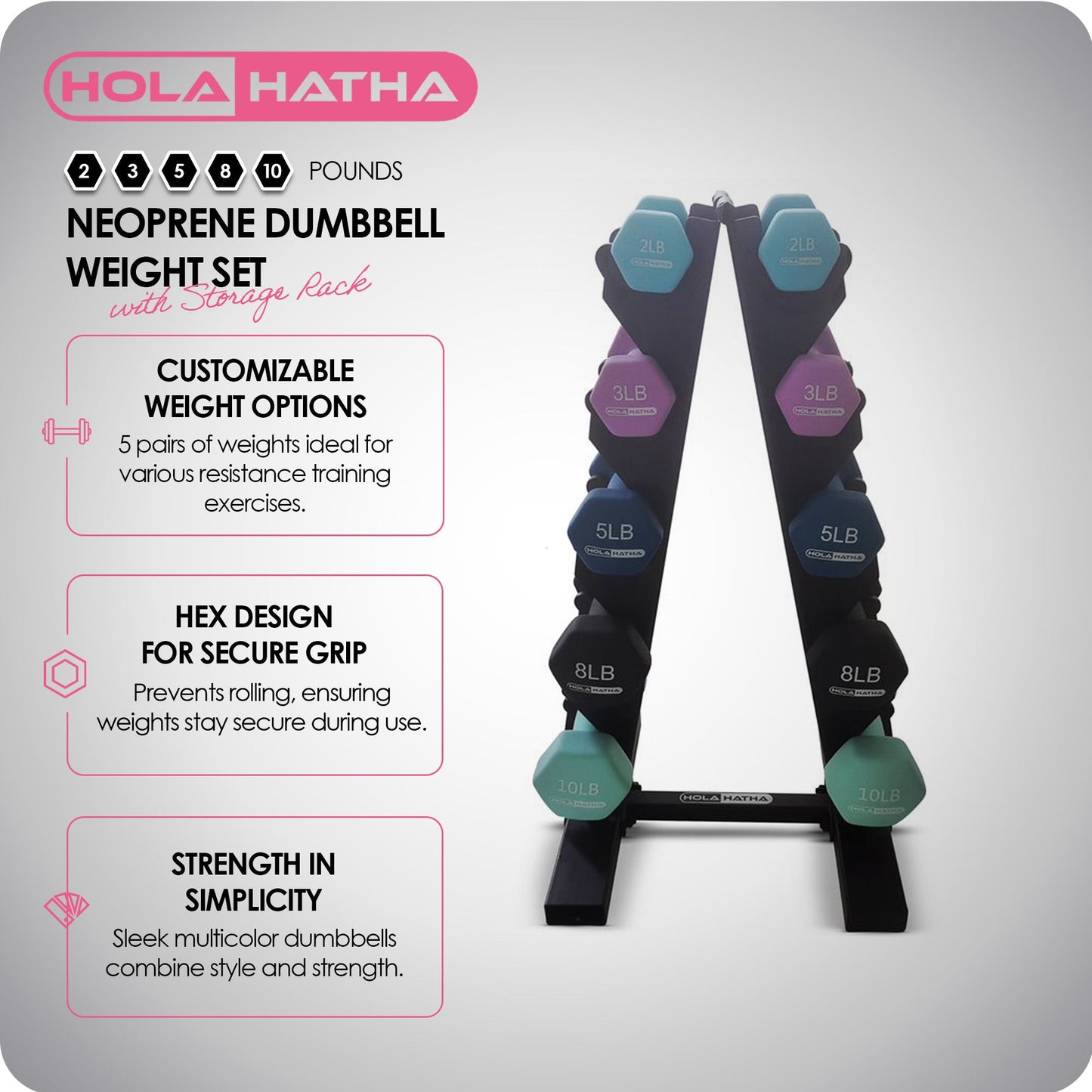 HolaHatha 2, 3, 5, 8, & 10 Lb Neoprene Dumbbell Free Weight Set w/ Rack, Pastel