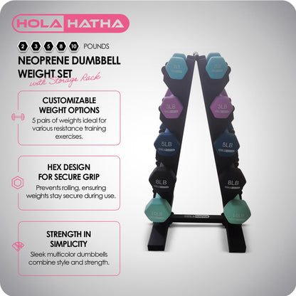 HolaHatha 2, 3, 5, 8, & 10 Lb Neoprene Dumbbell Free Weight Set w/ Rack, Pastel