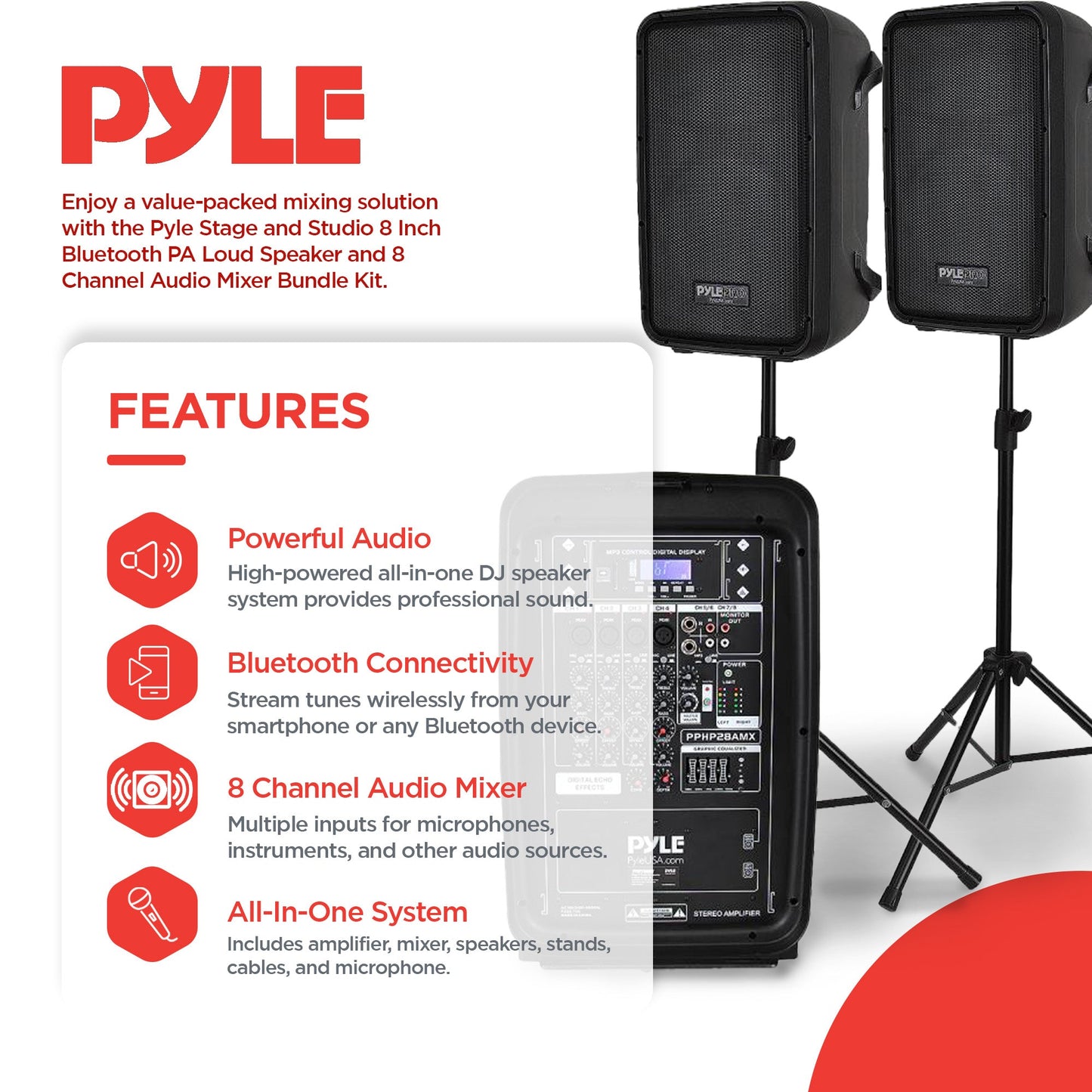 Pyle Stage and Studio 8 Inch Bluetooth PA Loud Speaker and 8 Channel Audio Mixer