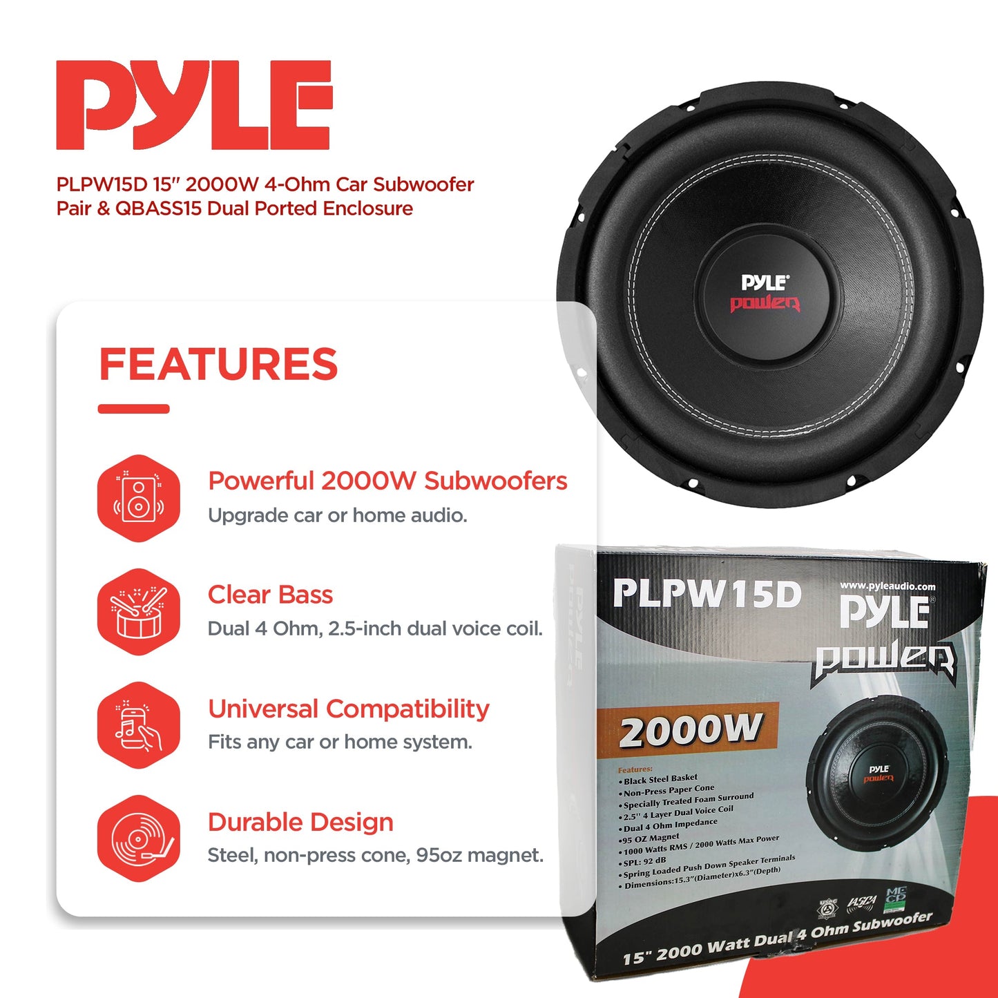 Pyle PLPW15D 15" 2000W 4-Ohm Car Subwoofer Pair & QBASS15 Dual Ported Enclosure