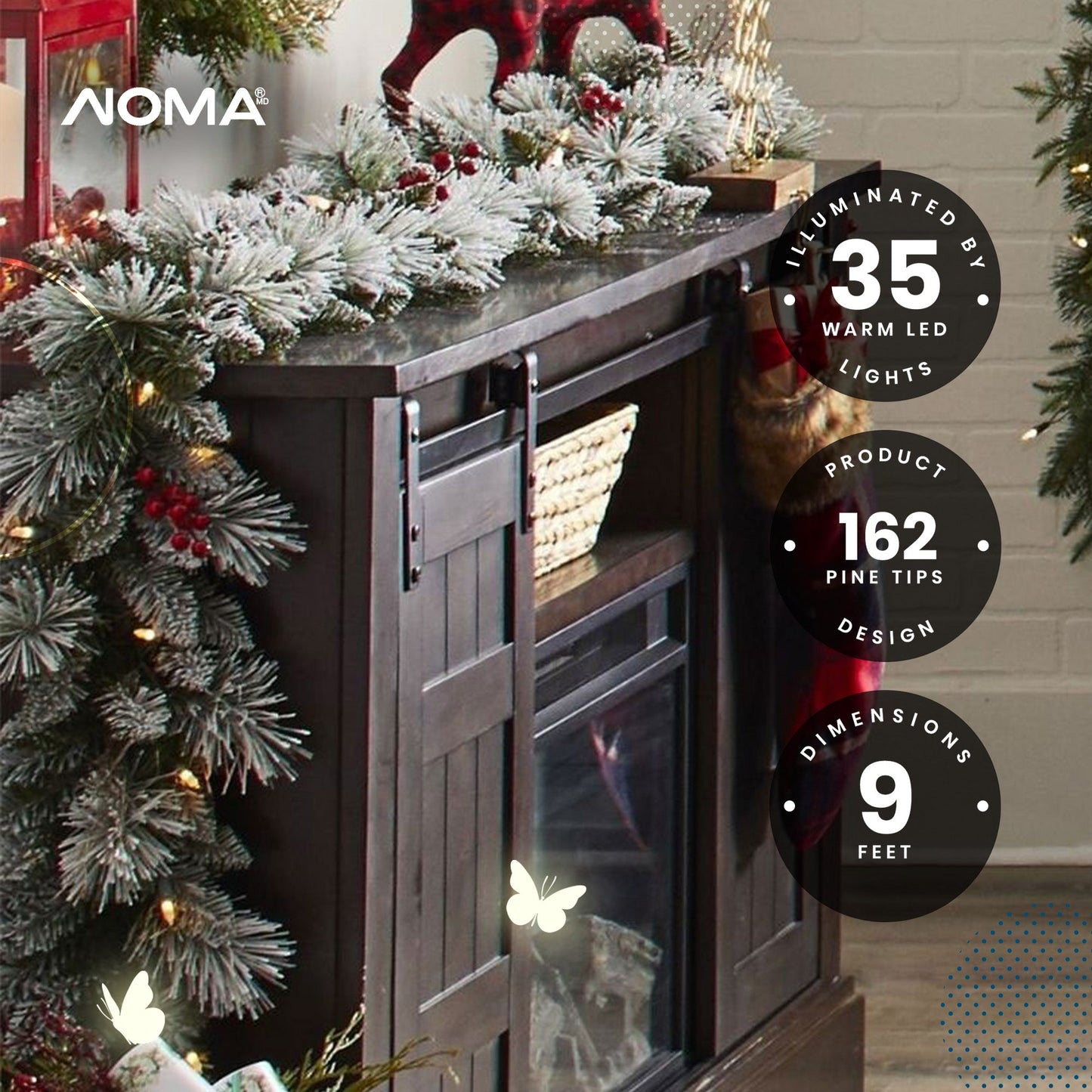 NOMA Snow Dusted Berry 9 Foot Pre Lit Christmas Garland Holiday Decor (2 Pack)