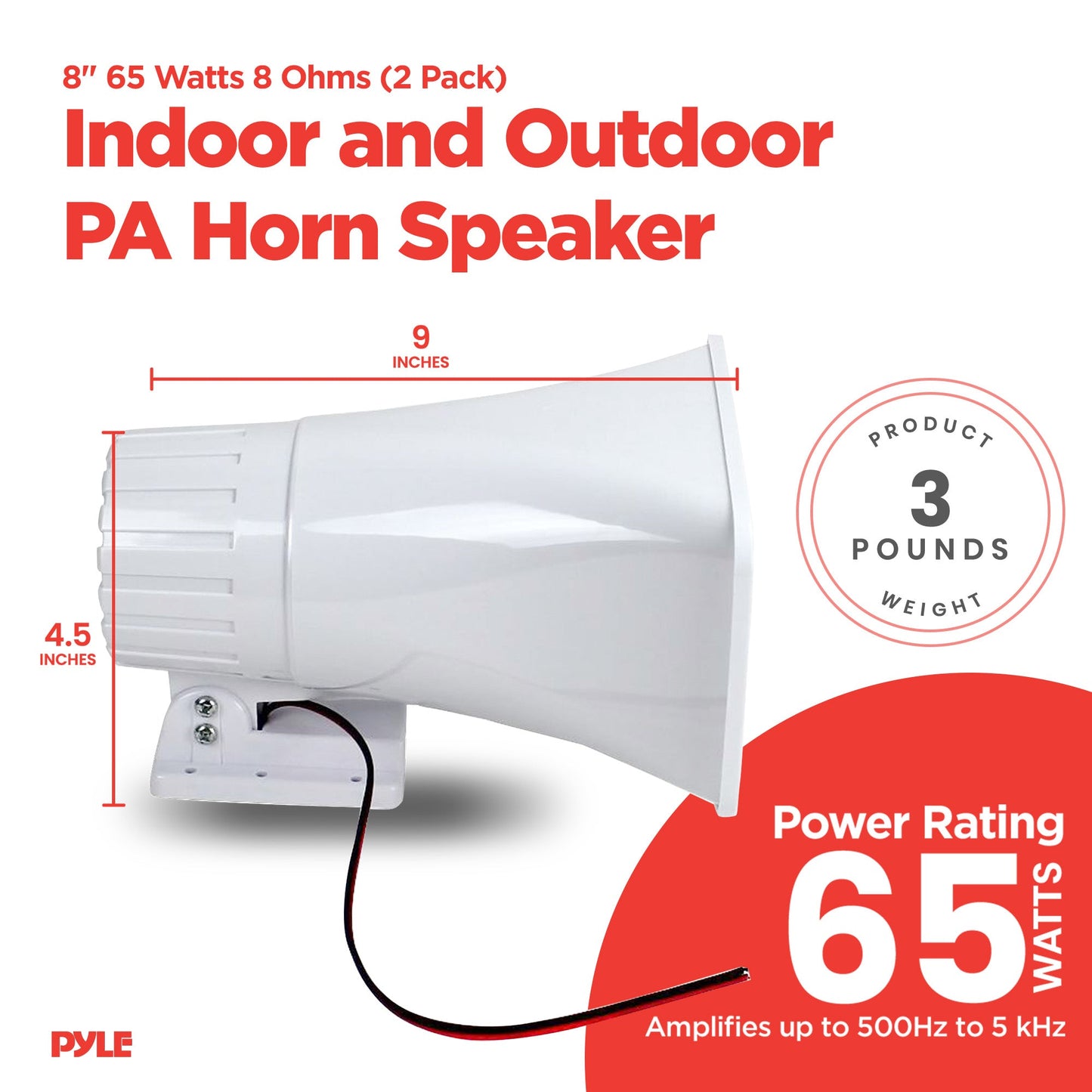Pyle 8" 65 Watts 8 Ohms Indoor and Outdoor PA Horn Speaker, White (2 Pack)