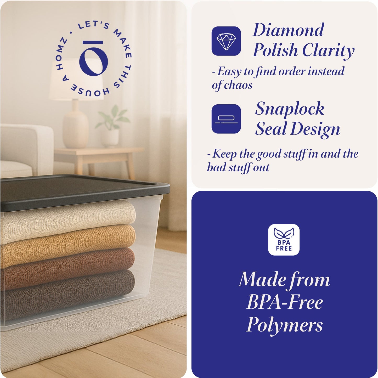 Homz 56 Qt Stackable Plastic Storage Container w/Snaplock Lid, Gray (4 Pack)