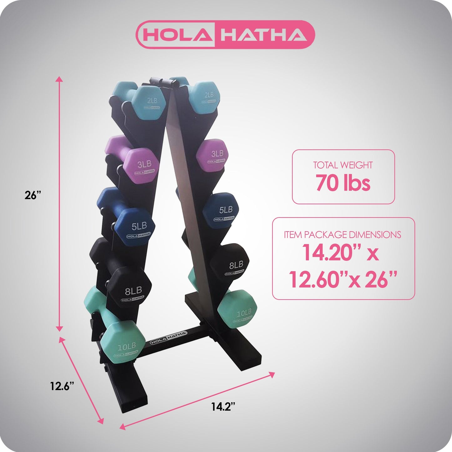 HolaHatha 2, 3, 5, 8, & 10 Lb Neoprene Dumbbell Free Weight Set w/ Rack, Pastel