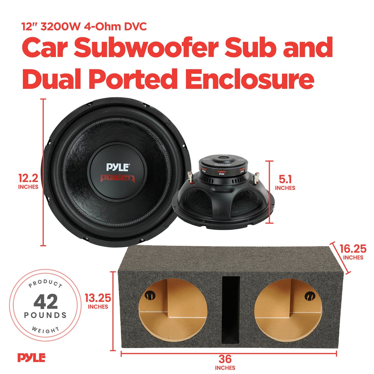 Pyle PLPW12D 12" 3200W 4-Ohm DVC Car Subwoofer Sub and Dual Ported Enclosure