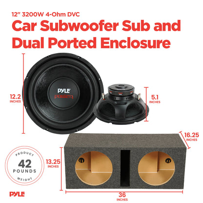 Pyle PLPW12D 12" 3200W 4-Ohm DVC Car Subwoofer Sub and Dual Ported Enclosure