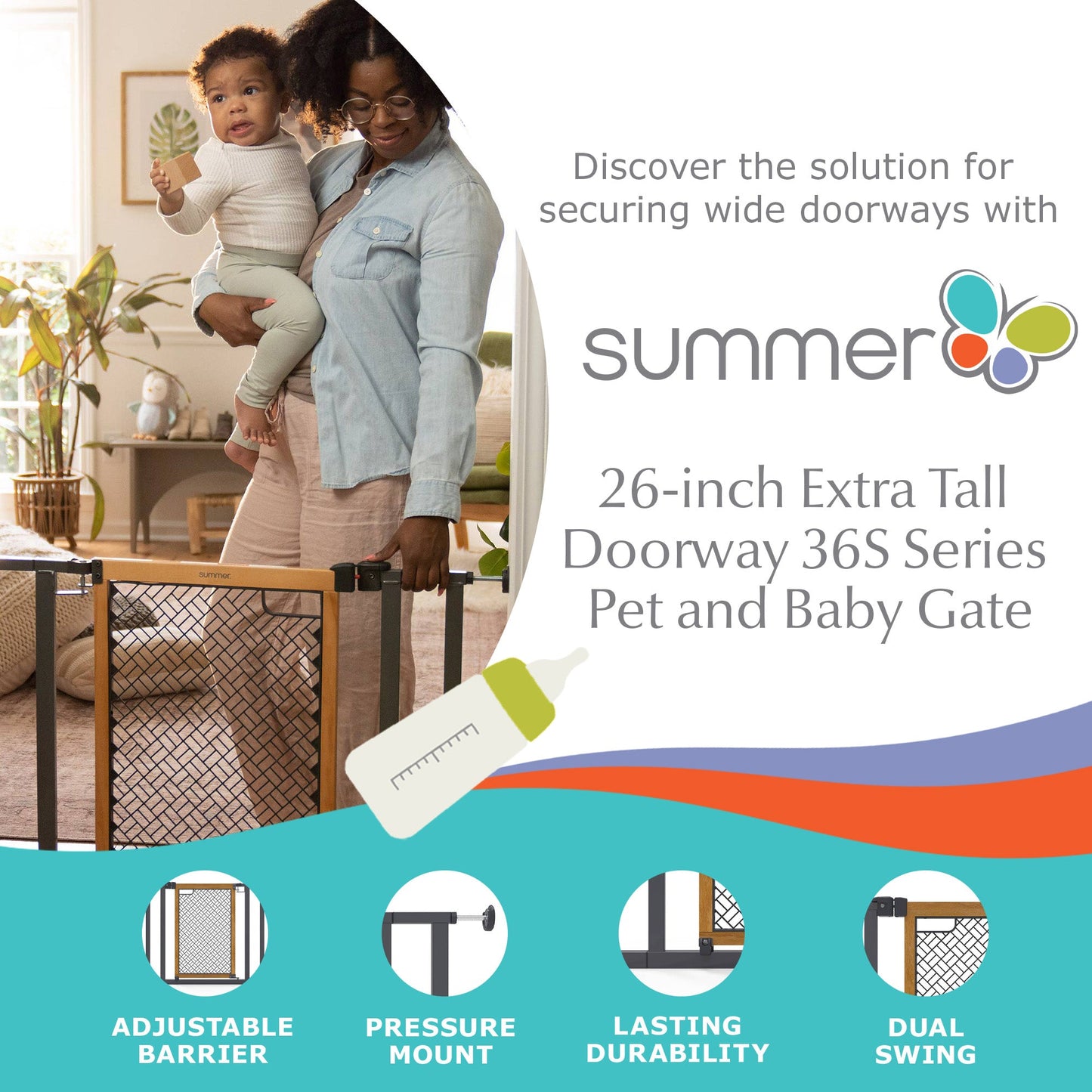 Summer Infant 26 Inch Extra Tall Doorway 36S Series Pet and Baby Gate, Oak Wood