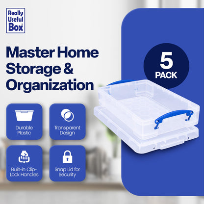 Really Useful Box 4L Storage Container with Lid and Clip Lock Handles, (5 Pack)