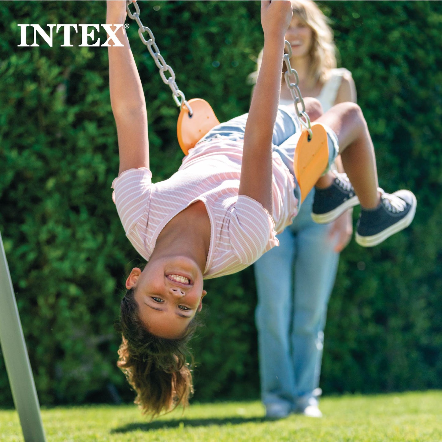 Intex Two Feature Colored Playground Swing Set with Trapeze Bar for Kids, Gray