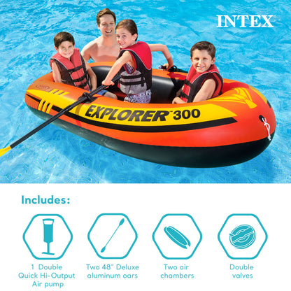 Intex Explorer 300 Inflatable Fishing 3 Person Raft Boat w/ Pump & Oars, 2 Pack