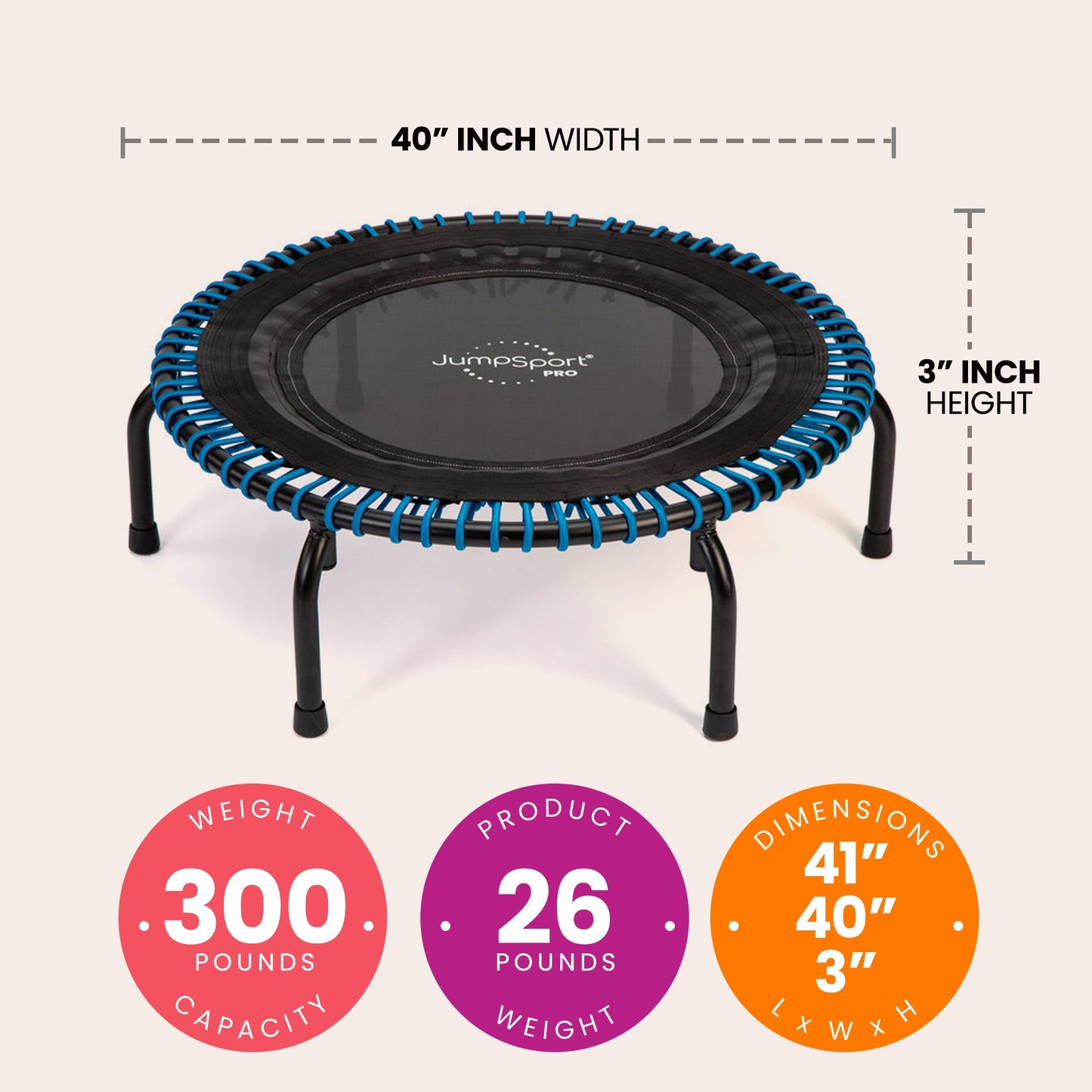 JumpSport 350 PRO 39 Inch Fitness Trampoline with Blue EnduroLast Elastic Cords