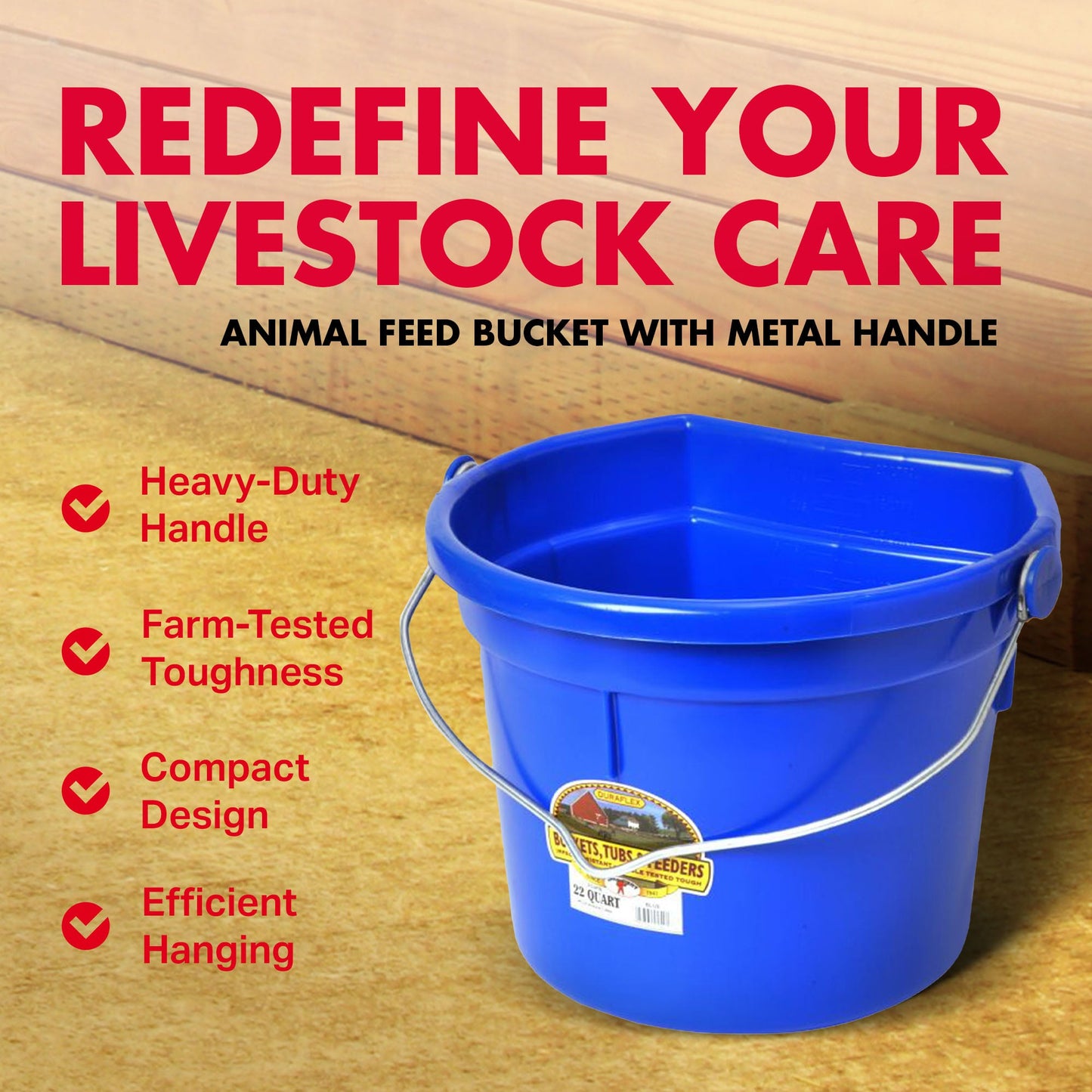 Little Giant 22 Quart Flat Plastic Animals Feed Bucket with Knob Bail, Blue