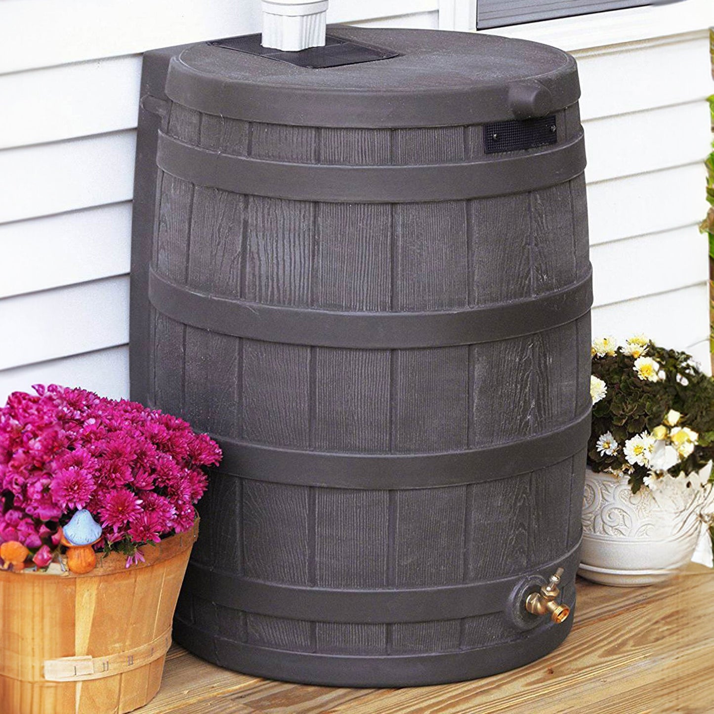 Good Ideas Rain Wizard 50 Gallon Rain Barrel Water Collector, Oak (2 Pack)