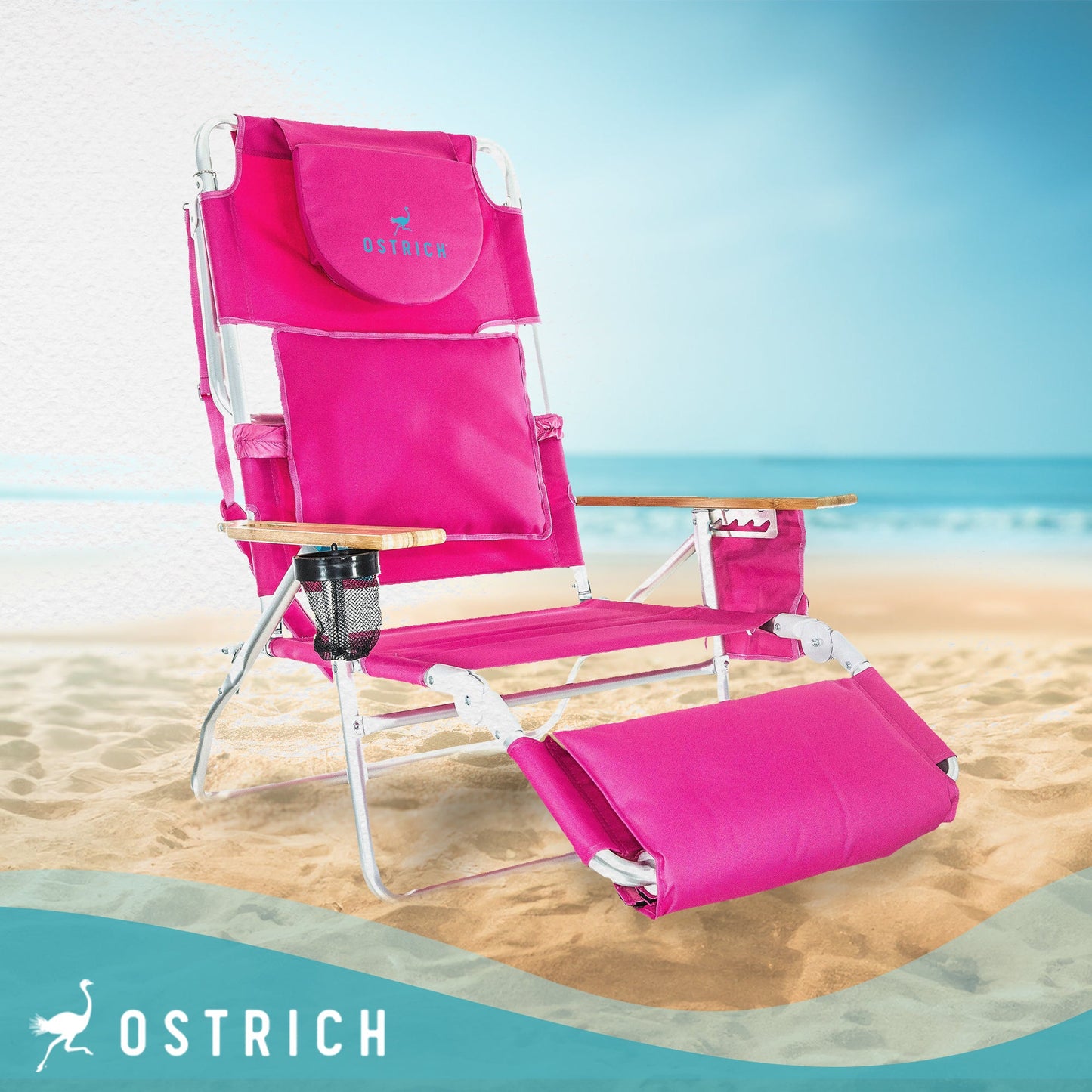 Ostrich Deluxe 3in1 Padded Sports Chair & Chaise Folding Beach Lounger, Pink