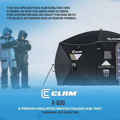 Clam Thermal Ice Shelter 6 Person Insulated Winter Fishing Hub Tent X-600, Black