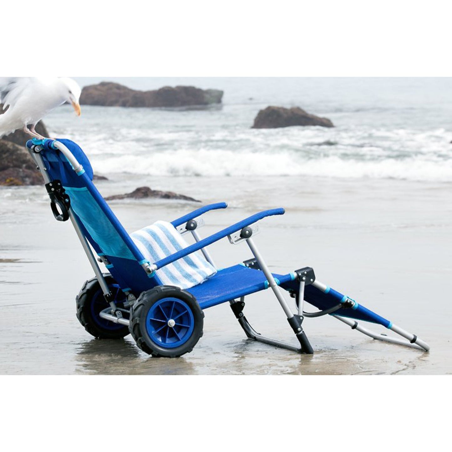 Mac Sport 2-in-1 Beach Camping Folding Lounger Chair & Wagon Cart w/ Locks, Blue