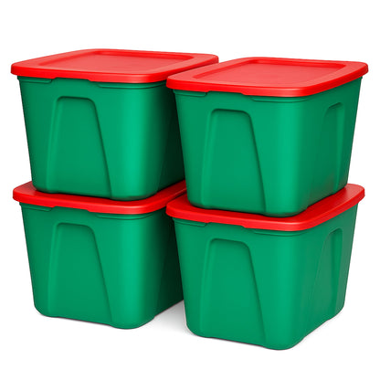HOMZ 18 Gallon Heavy Duty Plastic Holiday Storage Totes, Green/Red (4 Pack)