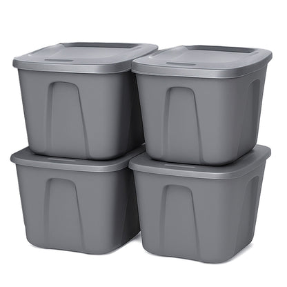 Homz 10 Gallon Heavy Duty Plastic Storage Container, Titanium Silver (4 Pack)
