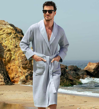 Men's Full Length Lightweight Waffle Spa Robe with Shawl Collar