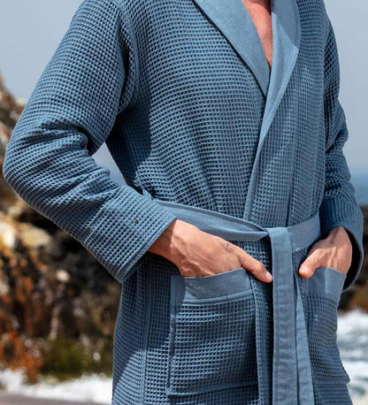 Men's Full Length Lightweight Waffle Spa Robe with Shawl Collar