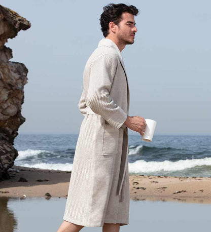 Men's Full Length Lightweight Waffle Spa Robe with Shawl Collar