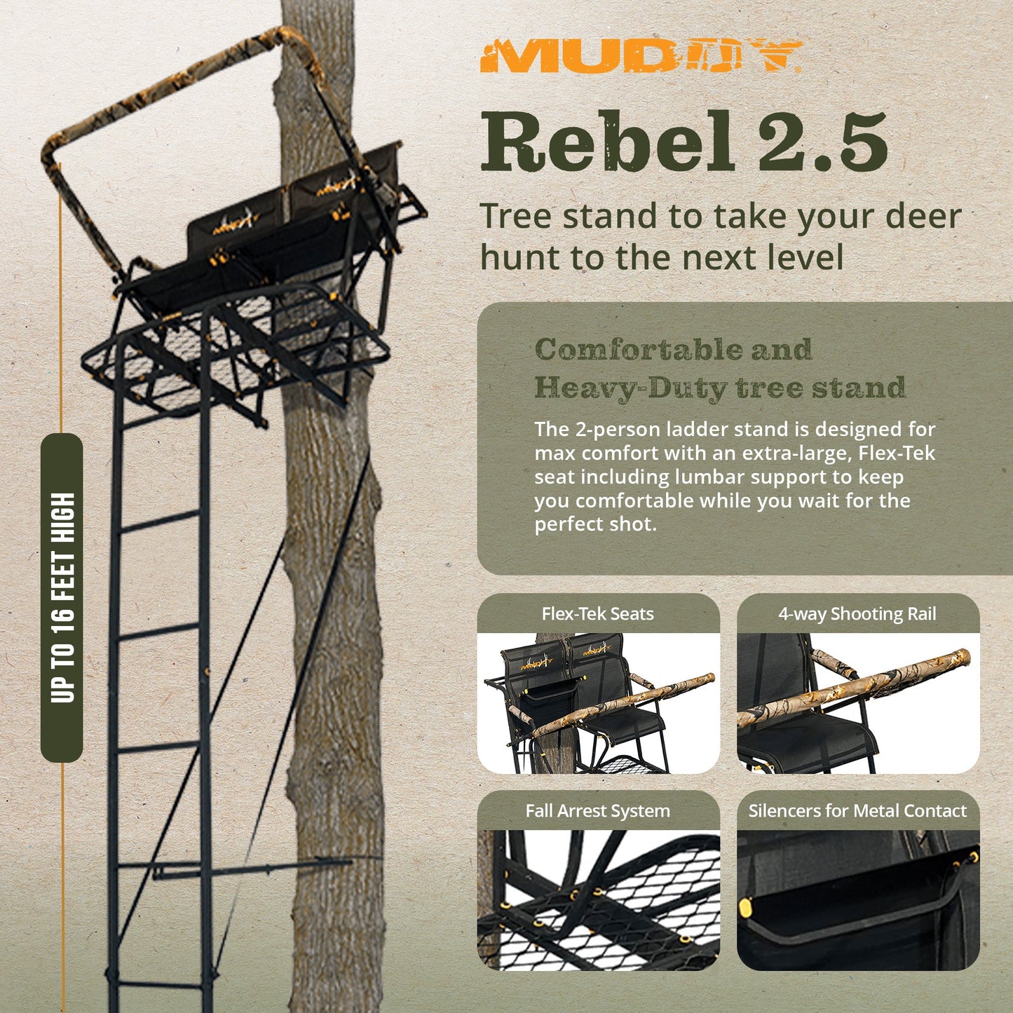 Muddy The Rebel 2.5, 17 Foot Hunting Ladderstand, 2 Person Climbing Tree Stand