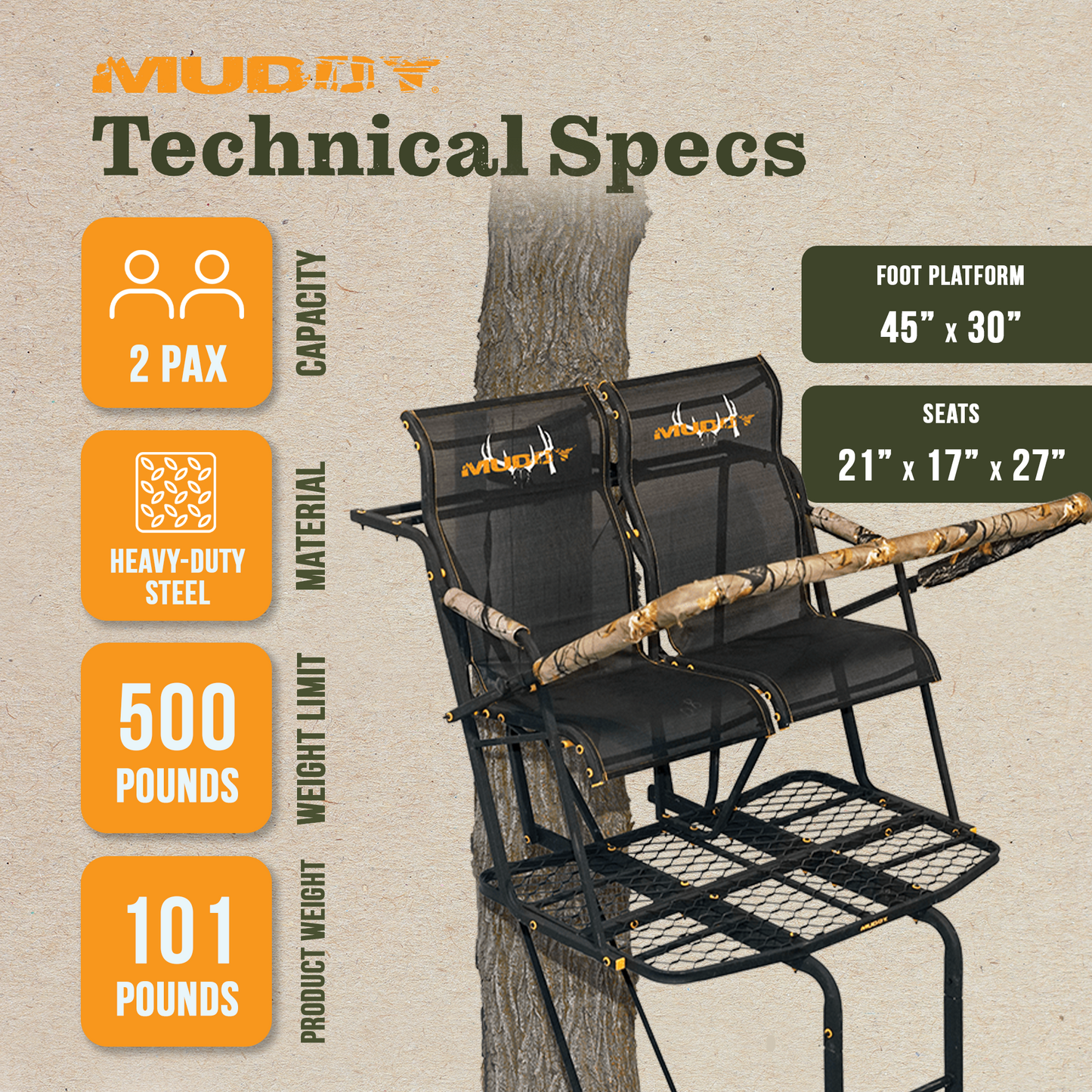 Muddy The Rebel 2.5, 17 Foot Hunting Ladderstand, 2 Person Climbing Tree Stand