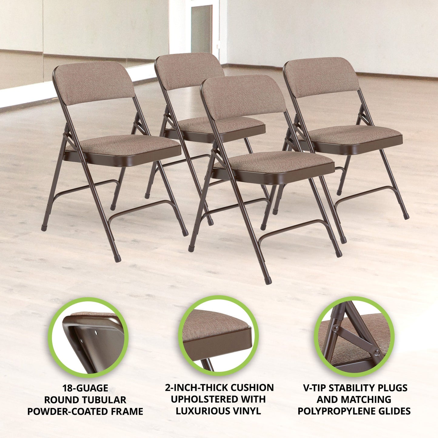 NPS 2200 Series 2" Cushion Fabric Upholstered Folding Chair, Walnut, 4 Pack