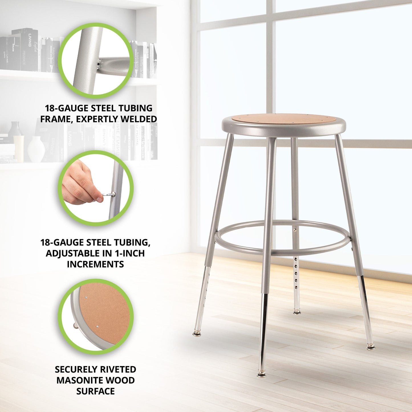 National Public Seating 6200 Series 18 Inch Adjustable Height Steel Stool, Grey