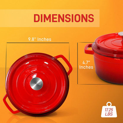 NutriChef 5 Quart Enameled Round Cast Iron Dutch Oven with Self Basting Lid, Red