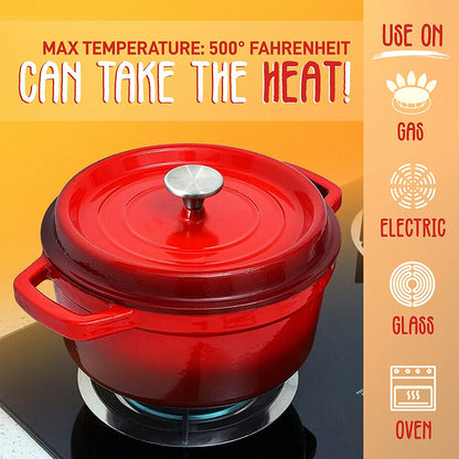 NutriChef 5 Quart Enameled Round Cast Iron Dutch Oven with Self Basting Lid, Red