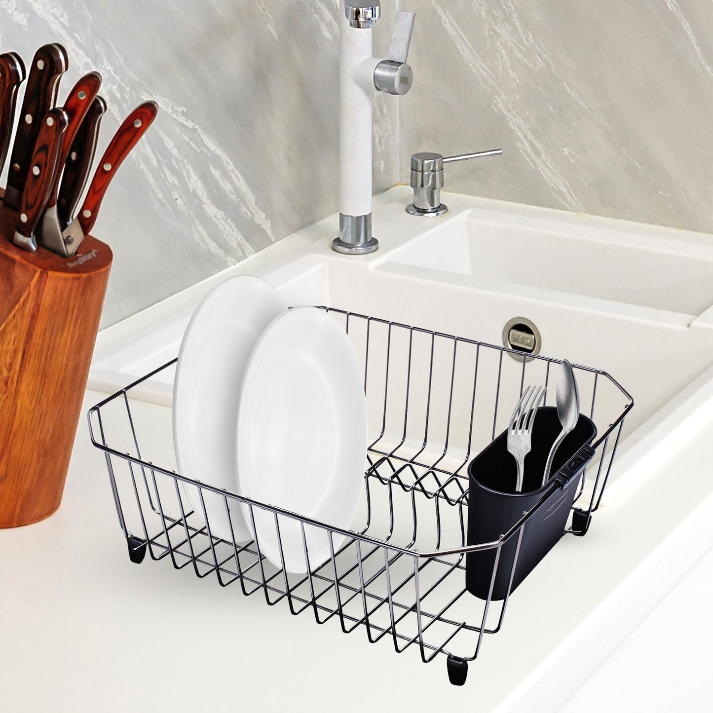 Rubbermaid Home Kitchen Gadget Twin Sink 11 Slot Dish Rack Drainer, Black Chrome