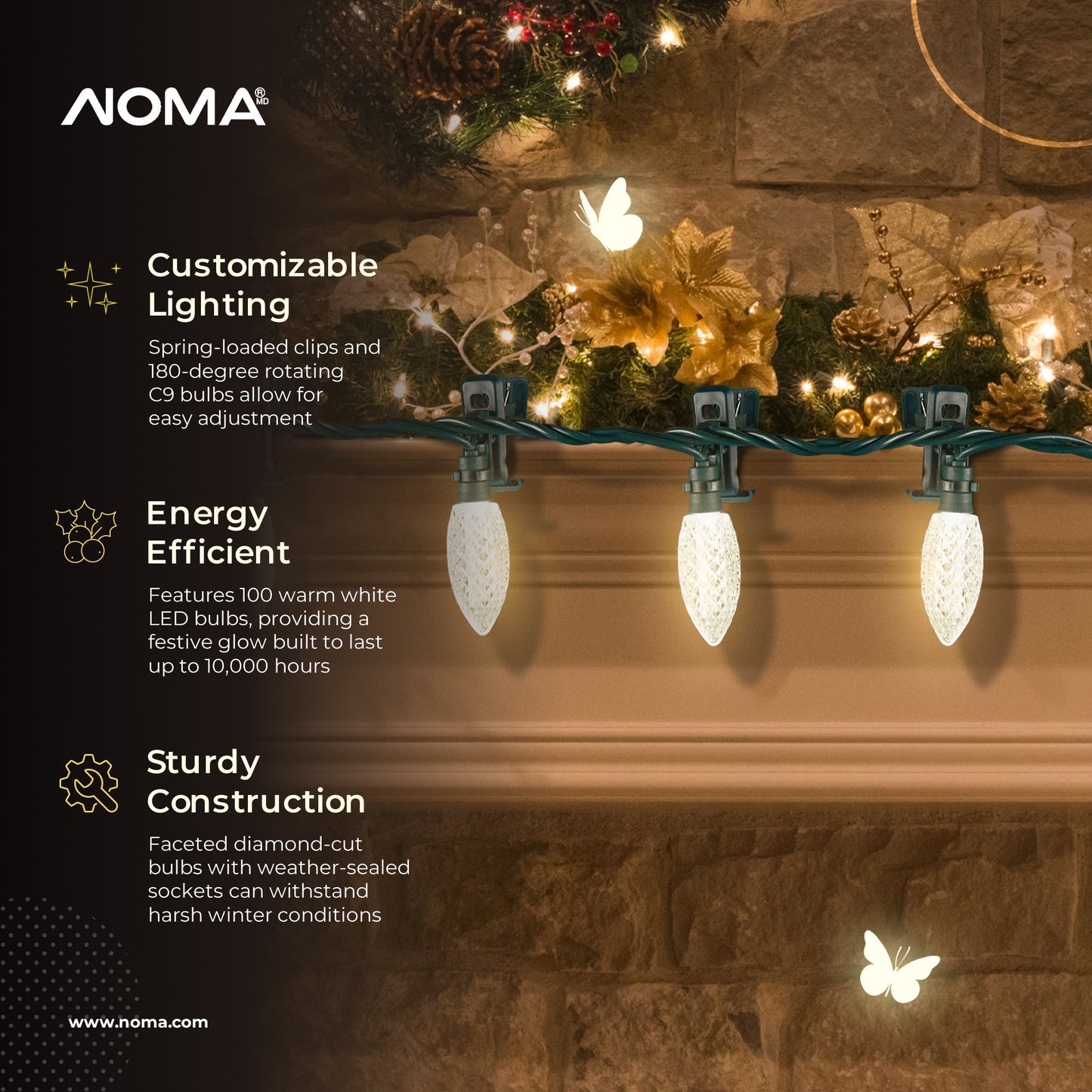 NOMA Quick Clip C9 LED 100 Bulbs Christmas String Lights, White Bulbs (2 Pack)