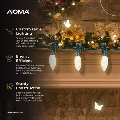 NOMA Quick Clip C9 LED 100 Bulbs Christmas String Lights, White Bulbs (2 Pack)