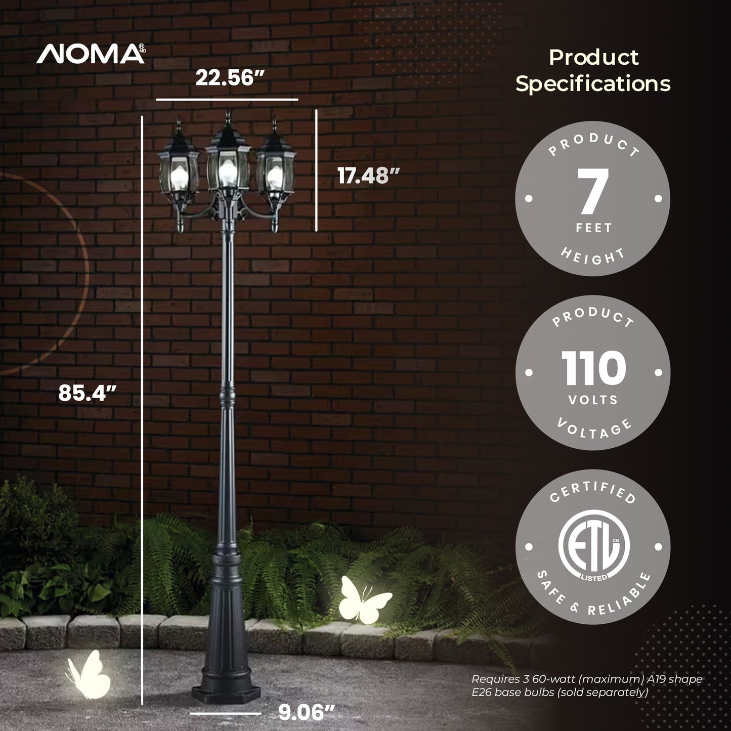 NOMA 7' Outdoor Lamp Post Triple Head All Weather Classic Decor Light, Black