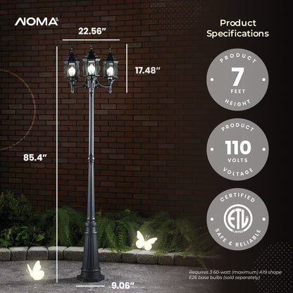 NOMA 7' Outdoor Lamp Post Triple Head All Weather Classic Decor Light, Black