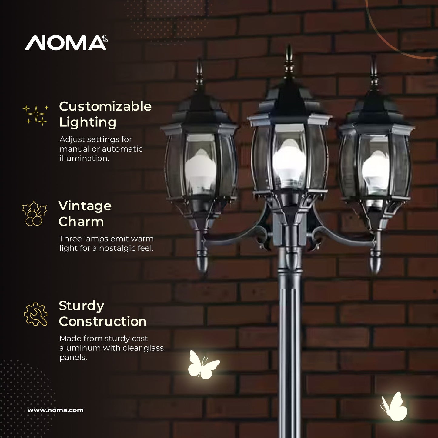 NOMA 7' Outdoor Lamp Post Triple Head All Weather Classic Decor Light, Black