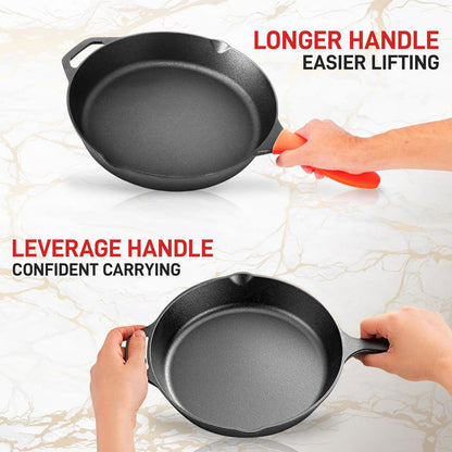 NutriChef 10 Inch Seasoned Non Stick Cast Iron Frying Pan Set w/ Lid (2 Pack)