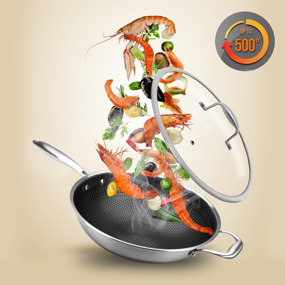 NutriChef 12" Stainless Steel Nonstick Cooking Wok Stir Fry Pan with Lid, Silver