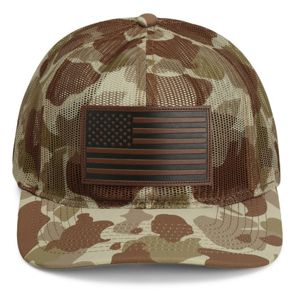 Old School Desert Camo All Mesh Leather Patch American Flag Hat