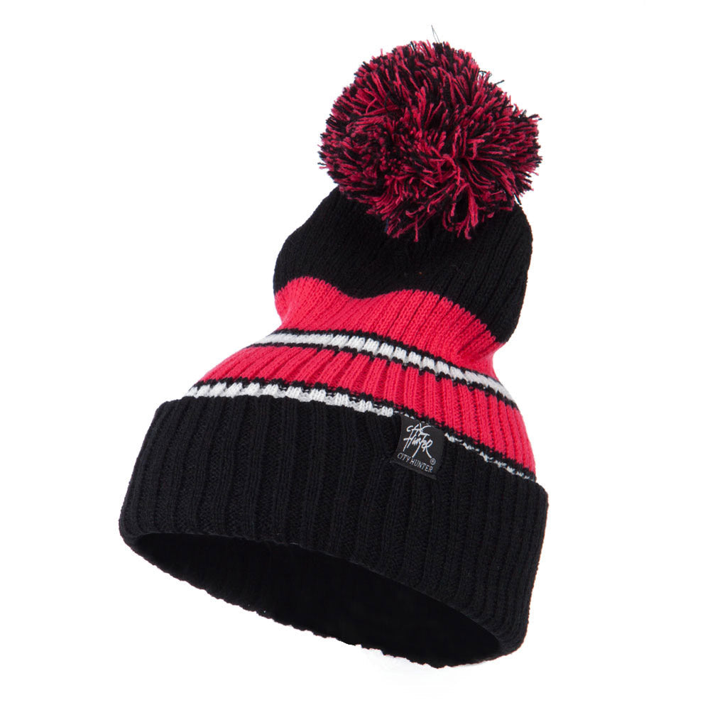 Two Tone Striped Knit Pom Beanie