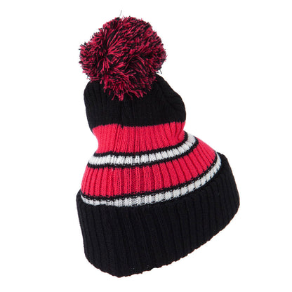 Two Tone Striped Knit Pom Beanie