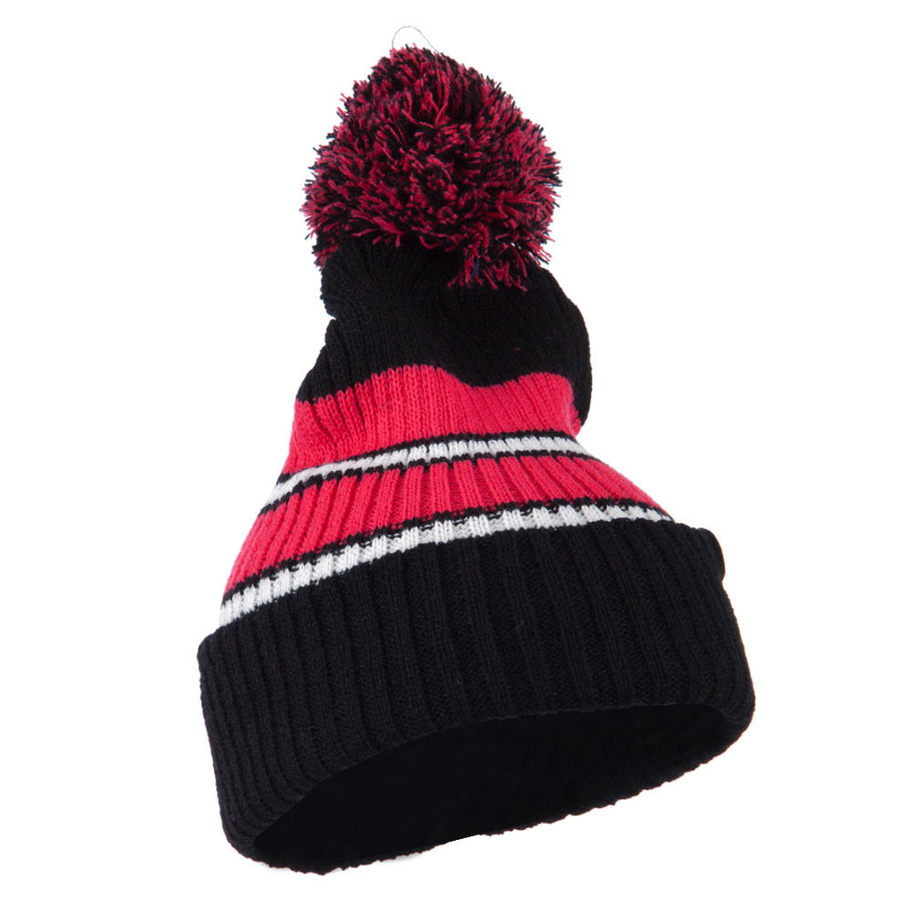 Two Tone Striped Knit Pom Beanie