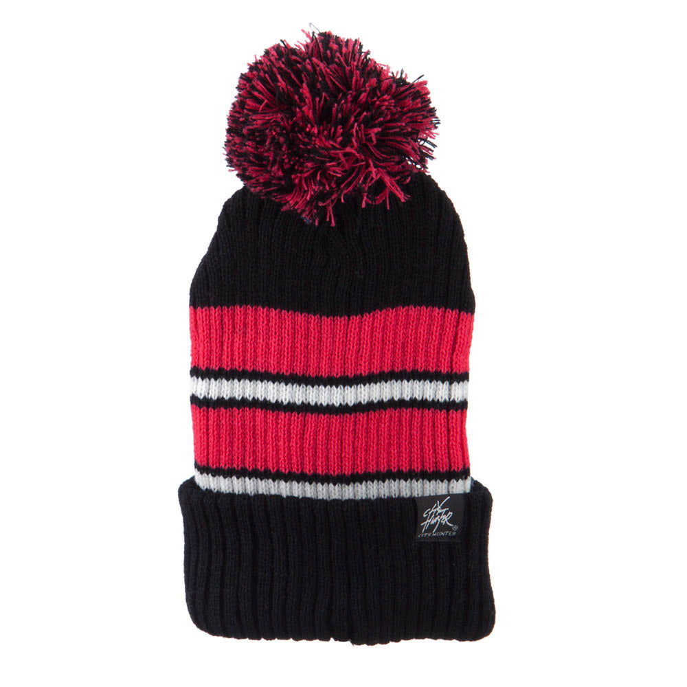 Two Tone Striped Knit Pom Beanie