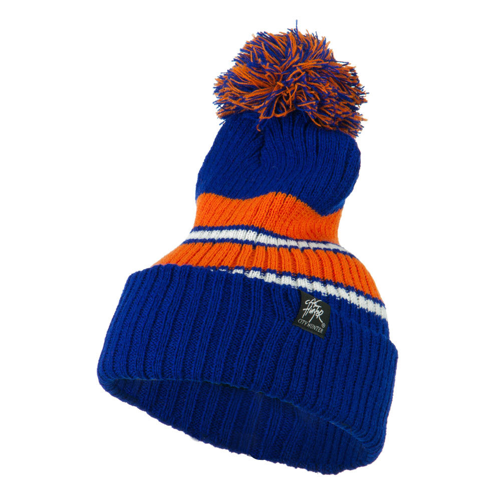 Two Tone Striped Knit Pom Beanie