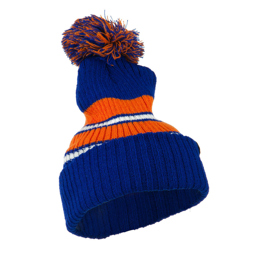 Two Tone Striped Knit Pom Beanie