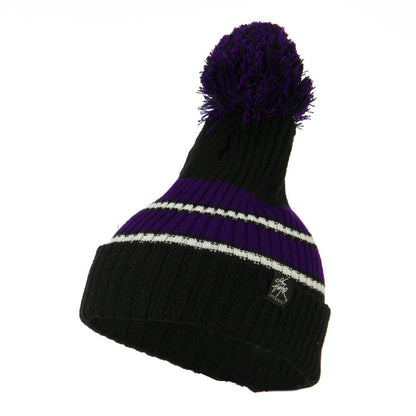 Two Tone Striped Knit Pom Beanie