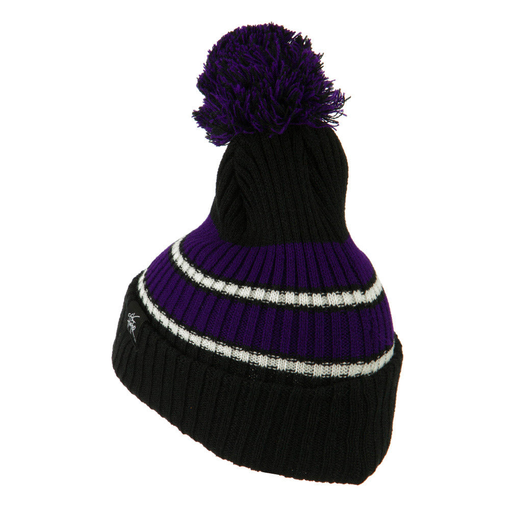 Two Tone Striped Knit Pom Beanie