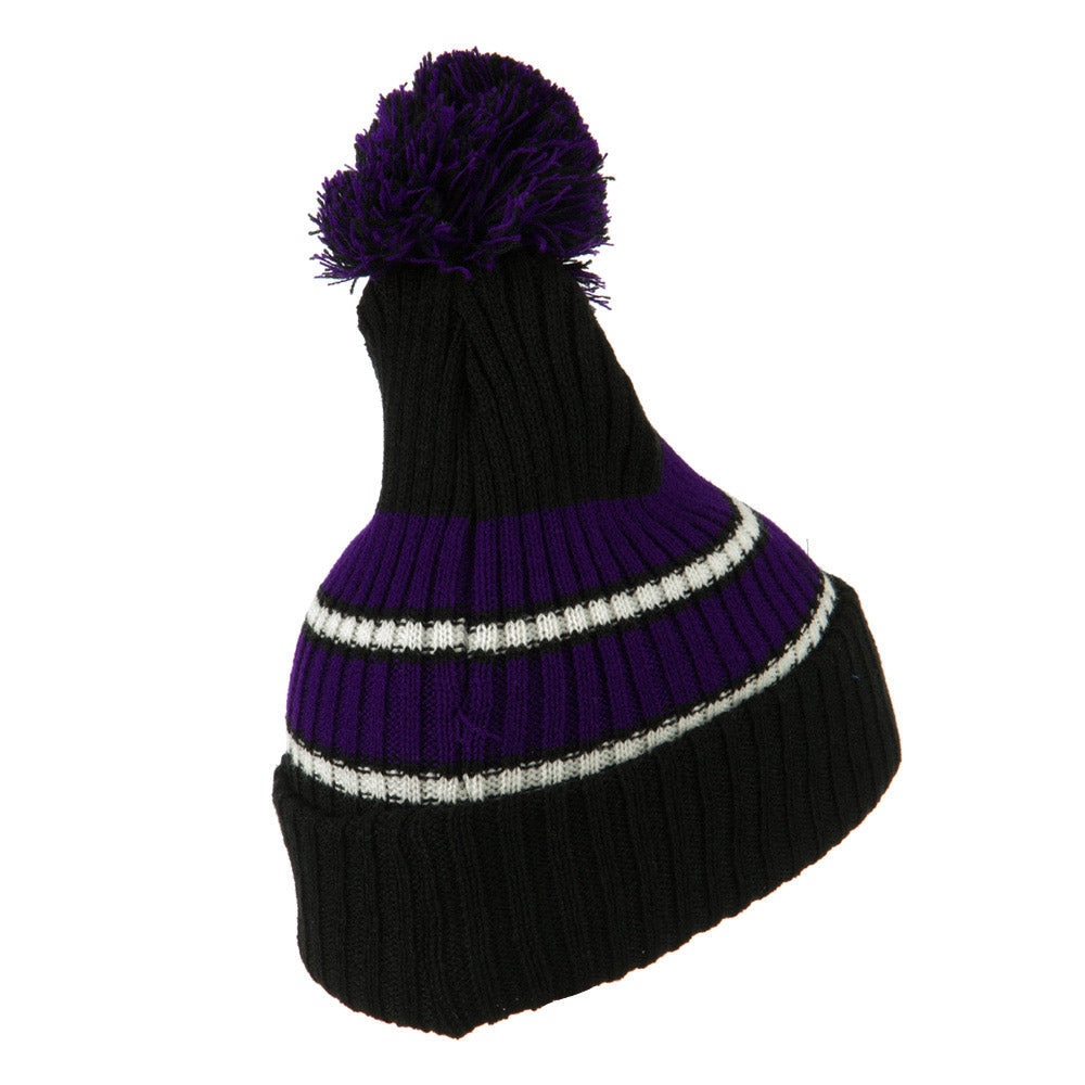 Two Tone Striped Knit Pom Beanie