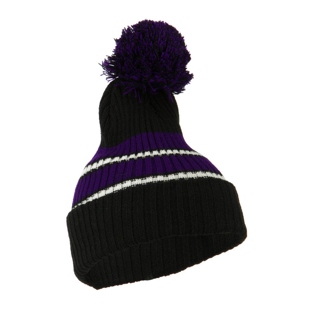 Two Tone Striped Knit Pom Beanie